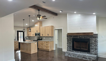 Fireplace and kitchen